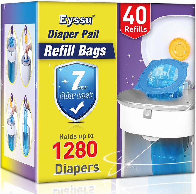 Eyssu Diaper Pail Refill Bags 40 Pack, Compatible with Arm&Hammer Disposal System, Diaper Bags with Upgraded Odor Lock, Seal and Toss Diaper Pail Refills, Holds up to 1280 Baby Diapers - Image 1